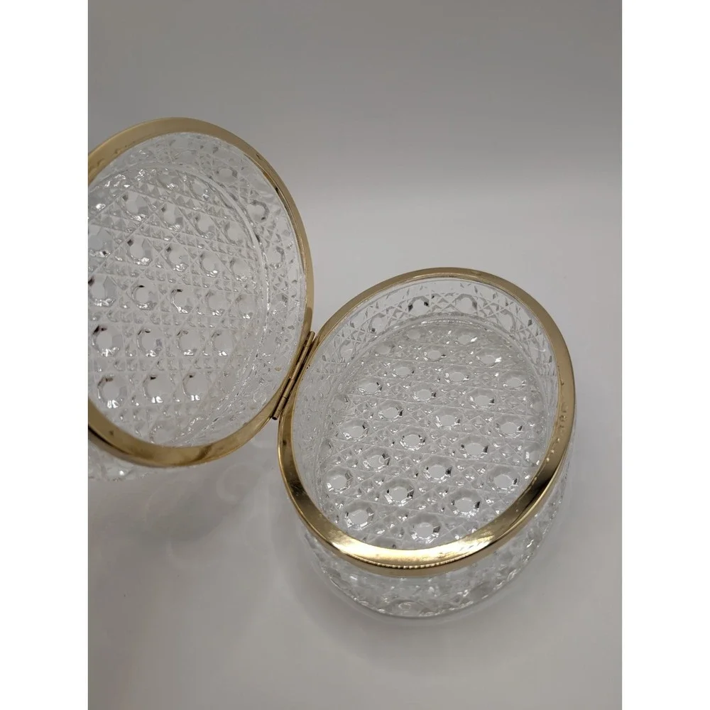 Vintage Cut Glass Crystal Casket Trinket Box Hinged Gold Tone Jewelry Case